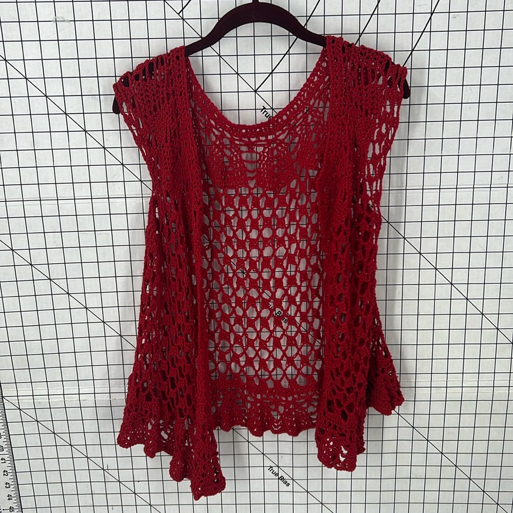 Vintage Hand crocheted open front Red vest OS